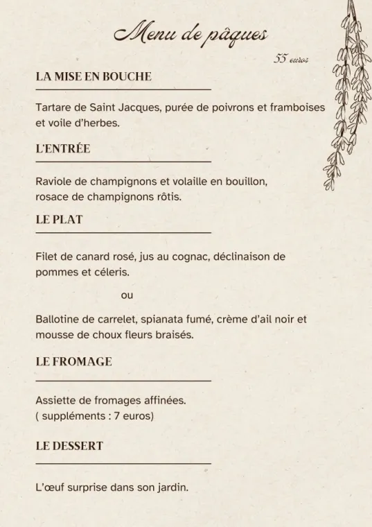 Menu de Pâques , Grenoble, L’Inspiration